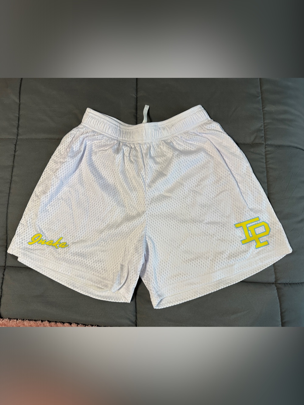 Inaka Power White Mesh Athletic Shorts with Neon Yellow Logo